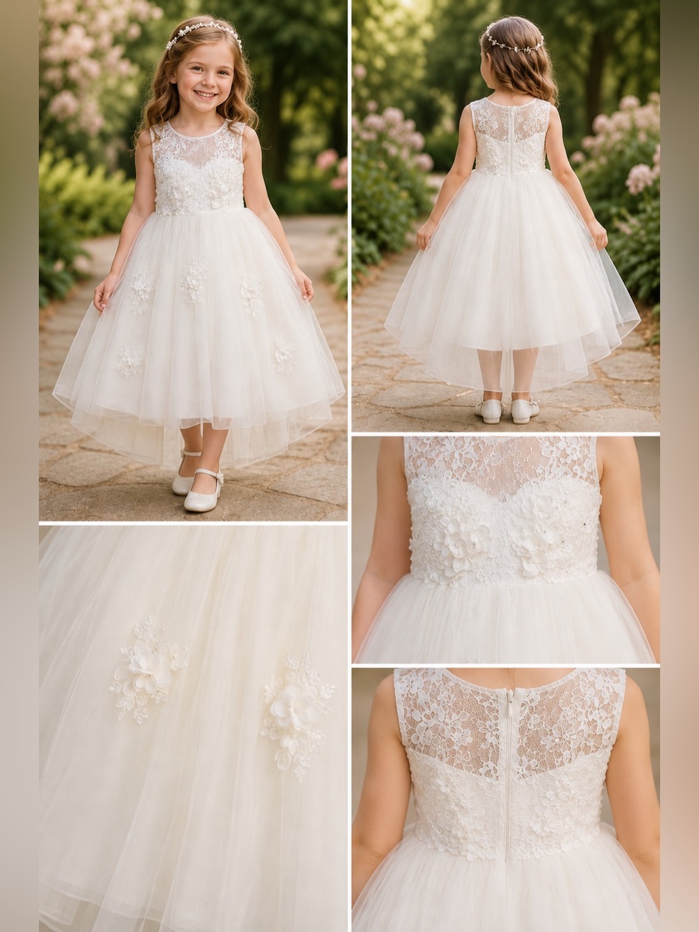 Ivory Lace Flower Girl Dress with 3D Floral Appliqués - Classic Formal